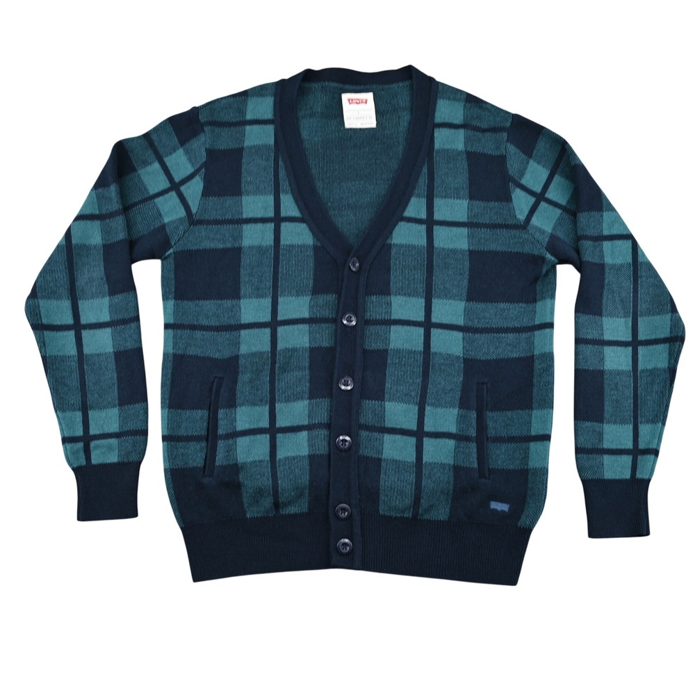 Levi's AO Plaid Cardigan Sweater L Green Black Wool Blend Dark Academia Grandpa